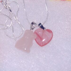 Boho Hippie Rose Quartz Crystal Dog and Heart Sterling Silver Necklace 30”